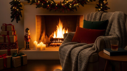 Cozy Christmas Fireplace Scene with Gifts and Nutcracker