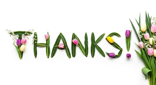 Floral Gratitude: The word Thanks! formed by nature, expressing gratitude with an arrangement of colorful tulips and leaves on a crisp backdrop.
