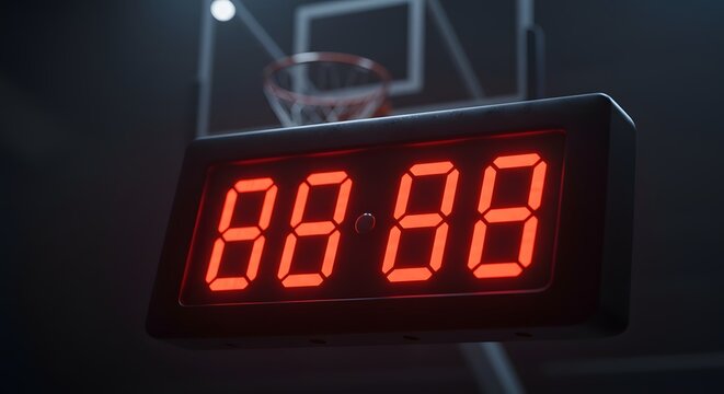 Digital basketball shot clock showing 00:00 on a dark court with blurred hoop. Game timer at zero, symbolizing end of play or new beginning.
