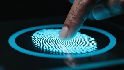 Woman touching digital fingerprint scanner to activate scan. Closeup biometric security verification process. Glowing blue sensor capturing ridge patterns for authentication technology. - Powered by Adobe