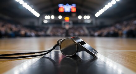 Referee's whistle on basketball court with blurred game day arena background