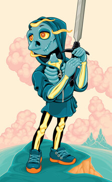 Horror cartoon version of the Page of Swords. Vector illustration.
