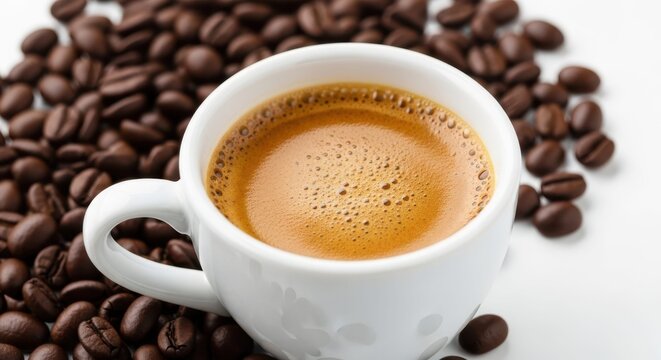 Rich Brew: A close-up shot of a pristine white cup filled with freshly brewed coffee, surrounded by a generous scattering of aromatic coffee beans.