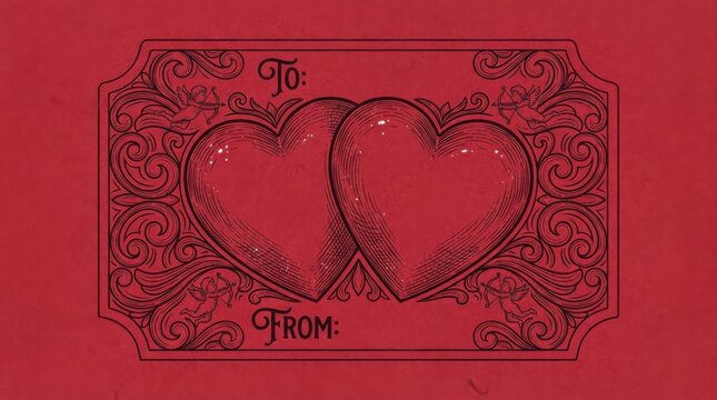 line art bottle tag template radiating love with two intertwined hearts on a rich red backdrop