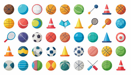 Fototapeta premium A vibrant collection of various sports equipment including different types of balls, cones, and rackets, arranged neatly on a white background.