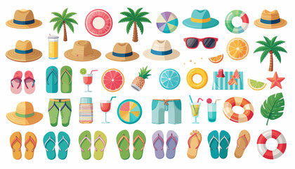A vibrant collection of summer and beach essentials including hats, flip-flops, palm trees, drinks, and swim accessories, perfect for a tropical vacation.