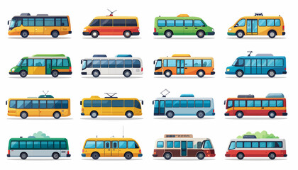 Naklejka premium A collection of various cartoon-style buses and vans, showcasing different designs, colors, and types of public and private transportation vehicles.
