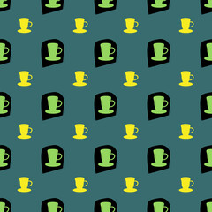 Seamless vector pattern featuring coffee cups in yellow and green on a teal background.