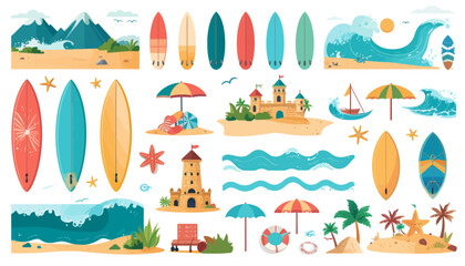 Naklejka premium A vibrant collection of beach and summer elements including colorful surfboards, sandcastles, ocean waves, beach umbrellas, and tropical islands.