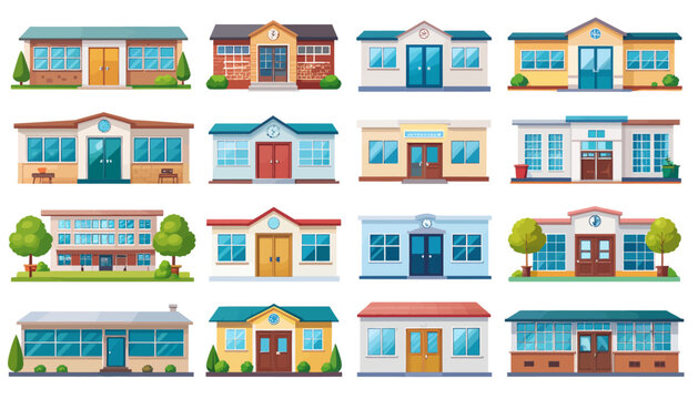 A collection of various cartoon-style buildings, including schools, offices, and small businesses, with diverse architectural designs and colors.