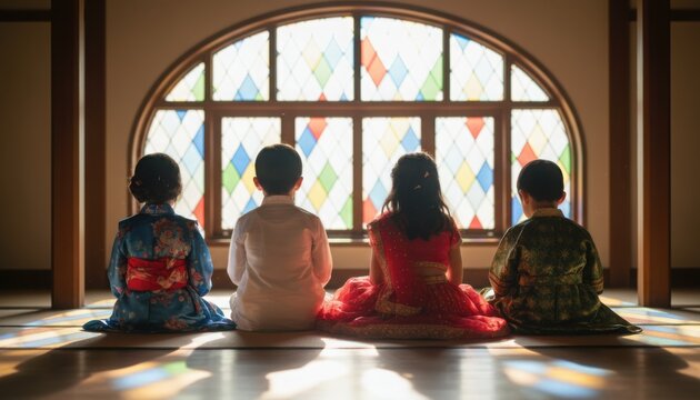 Children in colorful traditional clothing sitting together before stained glass window celebrating interfaith unity and world culture