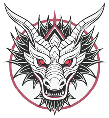 Obraz premium Stylized Dragon Head with Horns and Spikes Red Eyes Circular Frame Vector Art