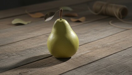 single pear on rustic wooden table suggesting autumn harvest and natural simplicity