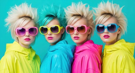 Color Spectacle: Four women showcase fashion-forward style with vibrant colors and expressive sunglasses. Witnessing the modern style and capturing the individuality.