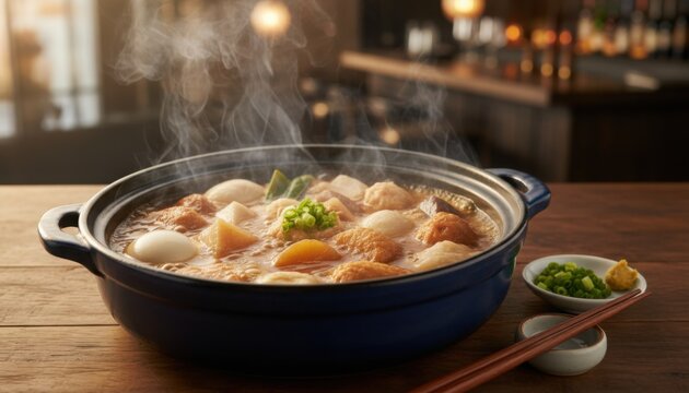 Steaming pot of traditional Japanese oden served hot in cozy restaurant setting featuring fish cake egg radish and comforting winter cuisine