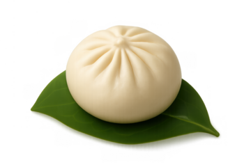 Baozi steamed bun resting on a green leaf, traditional chinese dim sum snack food with transparent background