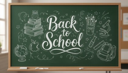 Creative chalkboard art celebrating back to school season with educational symbols in bright classroom