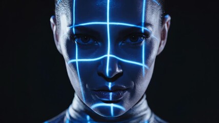 Mans face undergoing digital blue grid scan. Facial recognition technology process. Augmented reality portrait for tech advertising and innovation. - Powered by Adobe