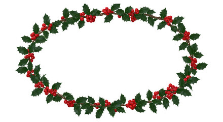 Christmas Oval Wreath with Green Holly Leaves and Red Berries Isolated on Transparent PNG Background.