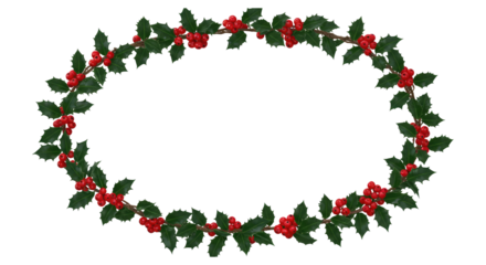 Christmas Oval Wreath with Green Holly Leaves and Red Berries Isolated on Transparent PNG Background.