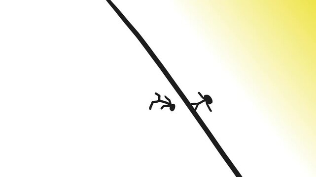 A diagonal strip runs across the screen along with little people or characters.