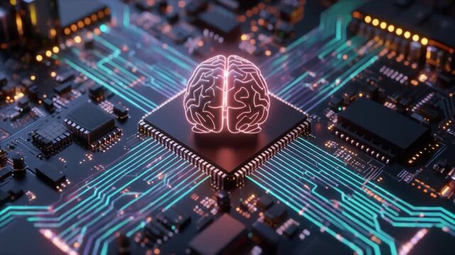 Glowing neon brain symbol on a computer processor chip surrounded by circuit board pathways and components