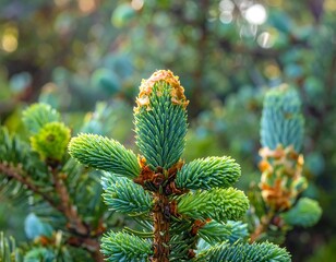 Close-up view of the budding tips of a coniferous evergreen tree branch