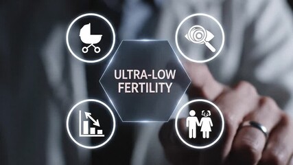 Person using virtual touch screen presses the inscription ULTRA-LOW FERTILITY. Ultra low fertility demographic crisis concept 4k video