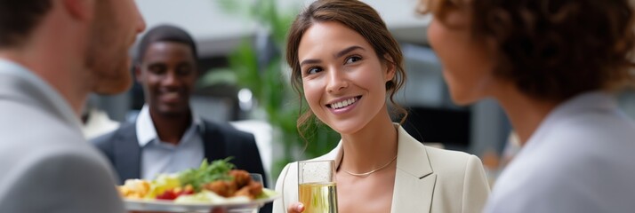 Young caucasian female smiling at social event with diverse group