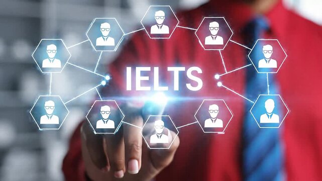 Person using virtual touch screen presses the text IELTS. English Learning and Testing School Education concept. IELTS TOEFL English Language Test 4k video