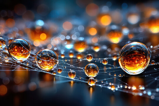 Golden water droplets on a spider web with bokeh