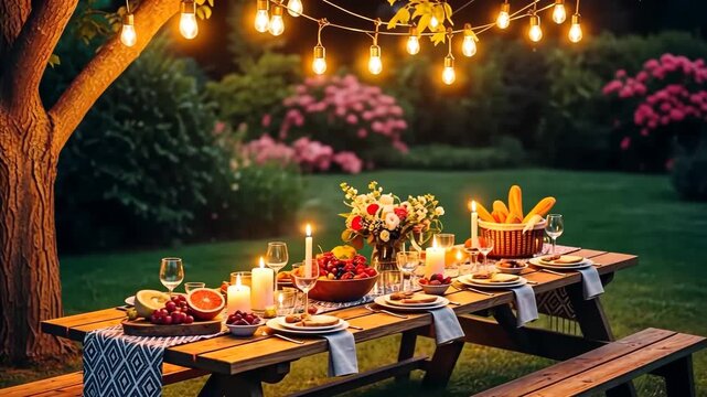 Outdoor Feast Under the Stars: An inviting, romantic outdoor dinner setting illuminated by glowing string lights, complete with a beautifully arranged table and delicious food