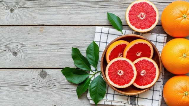 Citrus Delight: A vibrant arrangement of fresh oranges and sliced grapefruit, accompanied by lush green leaves, evokes feelings of health and refreshment, arranged on a rustic wooden table.