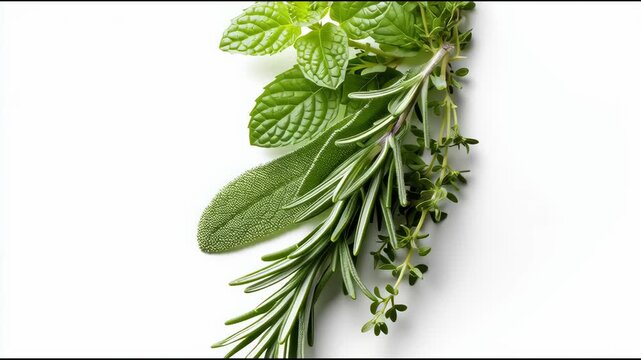 Fresh herbs--rosemary, thyme, mint--floating composition over white background