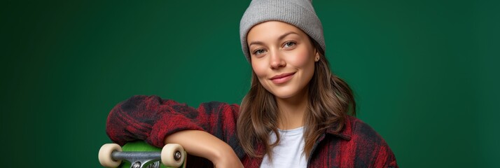 Young caucasian female skateboarder in red plaid shirt and gray beanie against green background