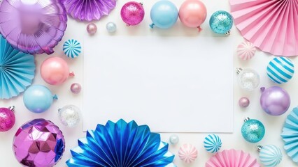 Festive Array: A vibrant and colorful collection of party decorations, including balloons and paper fans, arranged around a central blank space, ready for your personalized message.