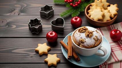 Sweet Treats and Festive Delights: A close-up showcases a tempting array of holiday treats, including star-shaped cookies, a muffin, and festive decorations.