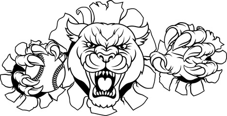 A panther, leopard or cougar wildcat jaguar cat baseball softball team mascot holding a ball