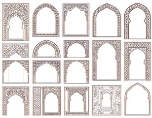 Collection of decorative islamic arch frame designs, various geometric shapes
