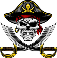 Pirate skull crossbones wearing a tricorn captain hat, eyepatch with crossing sabers or scimitar cutlass pirate swords. In a vintage retro woodcut style.