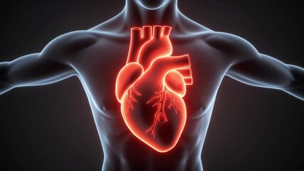 Close up animated medical illustration of a glowing human heart beating within a translucent torso highlighting the circulatory system and cardiac health in a scientific context