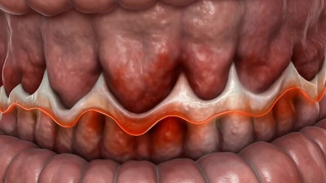 Close up 3D animation of inflamed gums and receding gum line highlighting gingivitis and periodontal disease symptoms affecting teeth health and oral hygiene