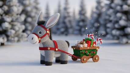 plush donkey pulling a mini christmas wagon