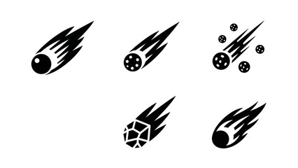 Collection of dynamic meteor icons with fiery trails representing cosmic events