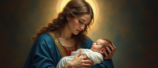 A religious portrait of the Madonna holding the baby Jesus. Mother Mary with a holy halo embracing her newborn child. Classical Christian art depicting maternal love and faith