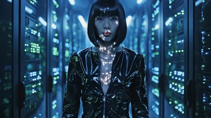 Woman standing in futuristic server room. Cyberpunk technology environment with blue neon lights. High-tech data center for advertising digital innovation. - Powered by Adobe
