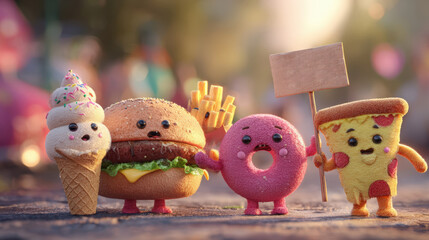 A group of cute anthropomorphic junk food characters standing together. Hamburger, pizza, donut, and ice cream holding a blank sign. Whimsical 3D illustration concept
