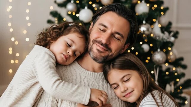 Family Embrace at Christmas: A heartwarming scene unfolds as a father embraces his two daughters, a tableau of love and tenderness in front of a softly lit christmas tree.