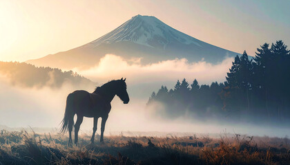 Naklejka premium 夜明けの富士山と馬,富士山と馬の年賀イメージ, AI生成画像