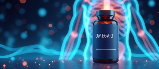 A bottle of Omega-3 supplements with a glowing human anatomy background. Scientific concept of nutrition for health, wellness, and joint support